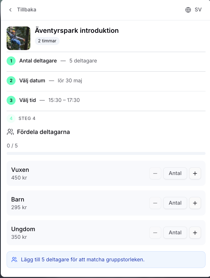 Surfskola bokningsflöde i mobilen